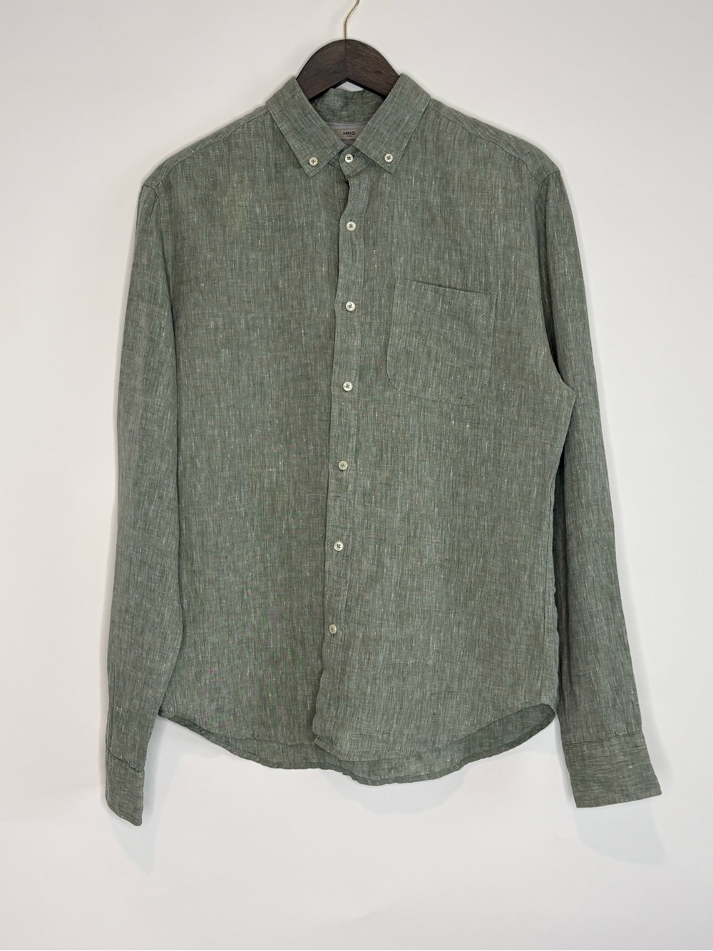 Mango MNG 100% Linen Button Down Shirt Mens Medium Muted Green Beach Resort